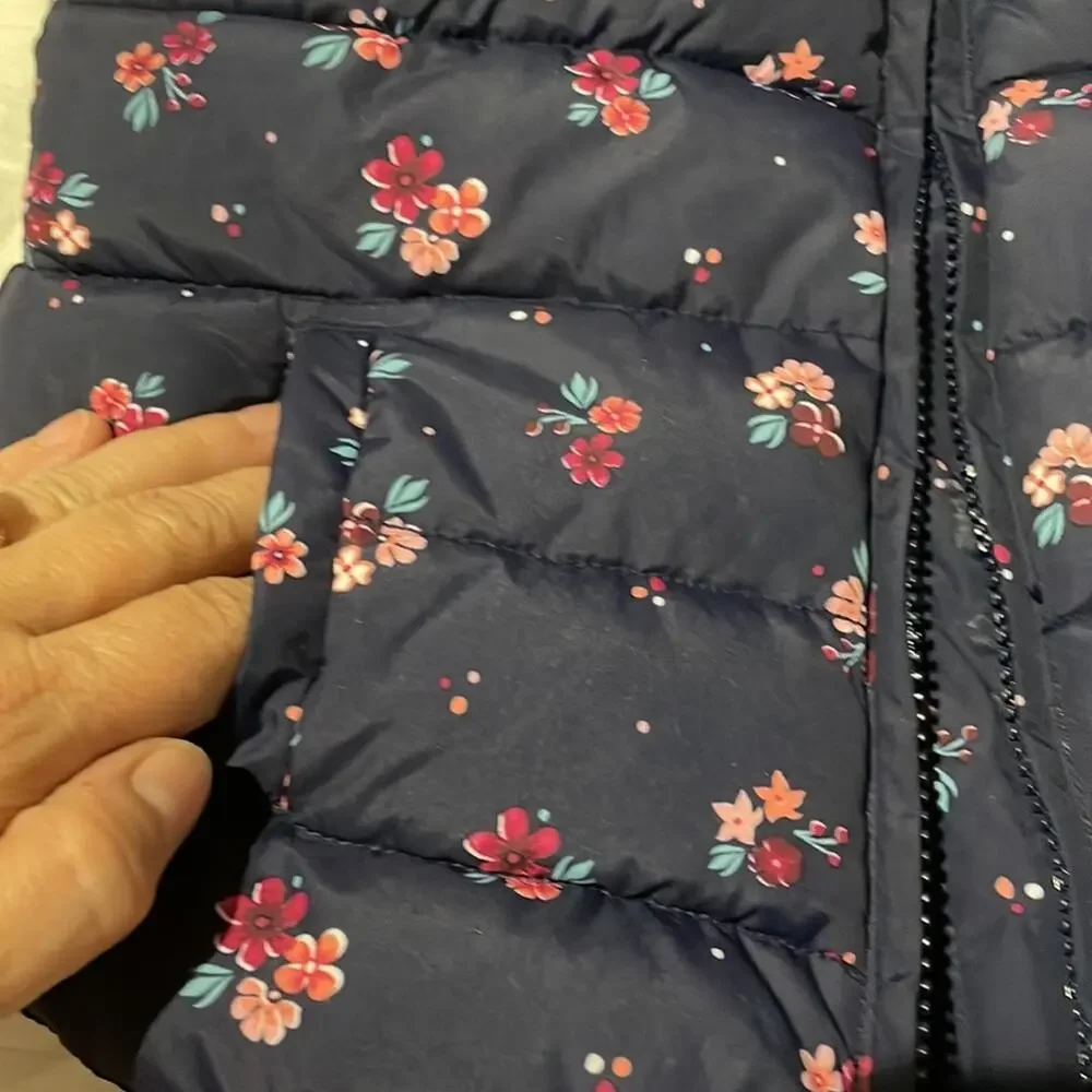Gymboree S 5/6 navy blue pink floral puffer vest pockets fleece lined euc